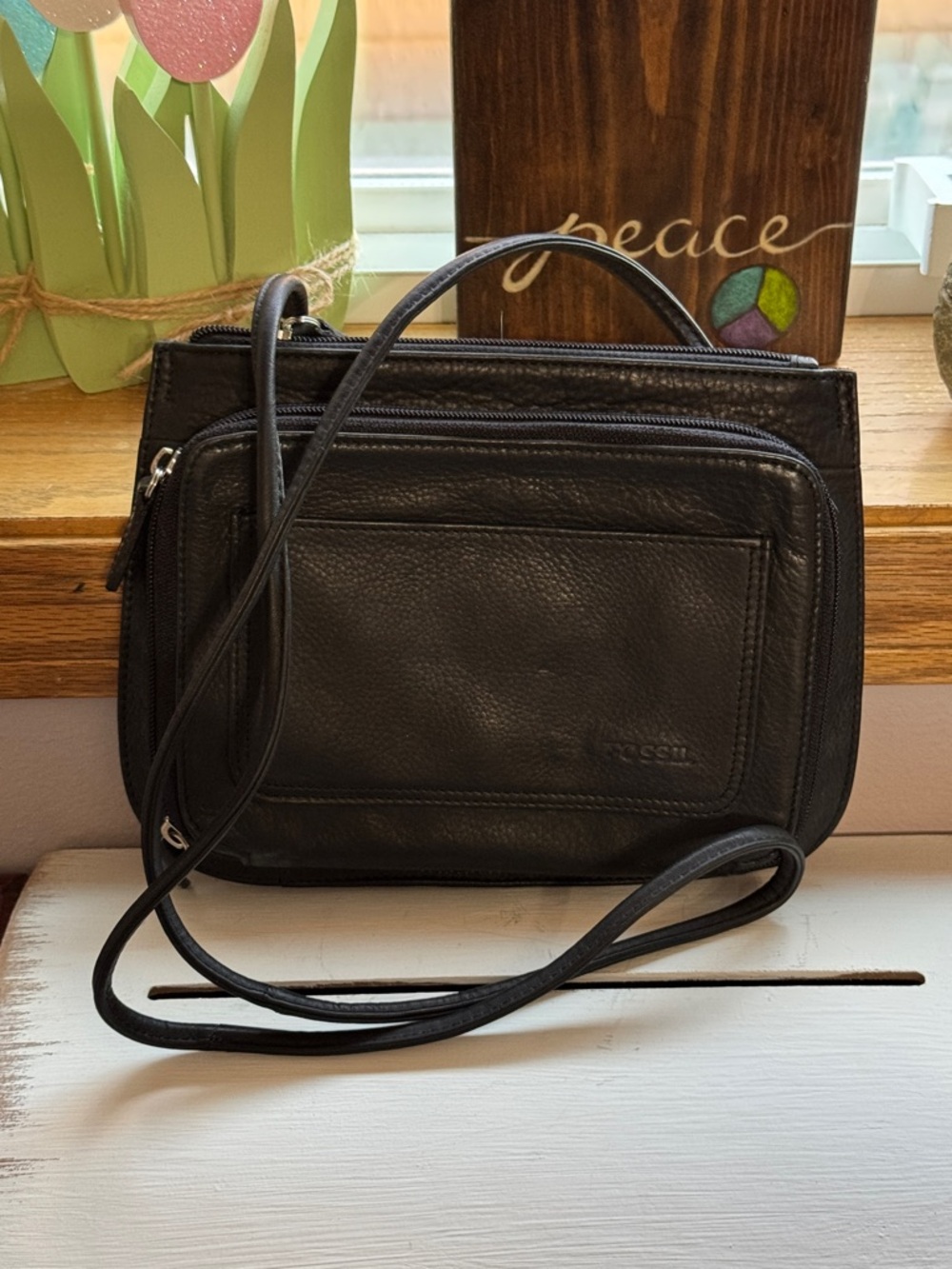 Fossil Black Pebbled Leather Messenger Crossbody
